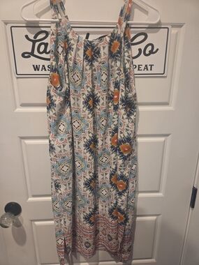 Boho Floral Dress in White, Blue & Orange